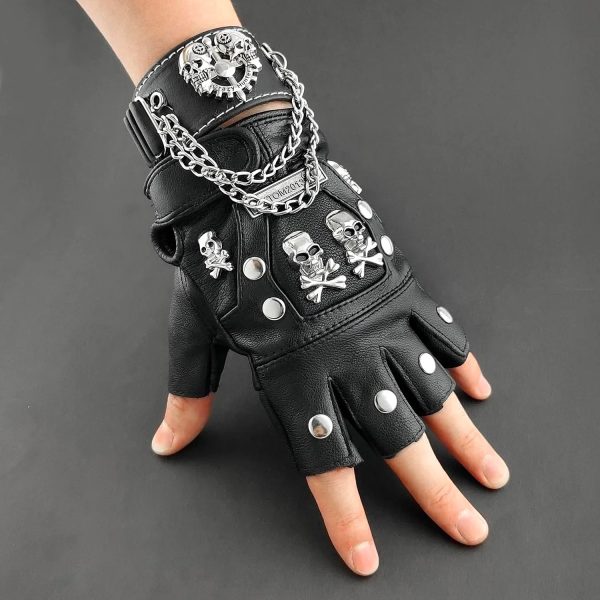 Skull Punk Rock Biker Black Leather Gloves Metal Chain Fingerless Gloves Men Women Uniesex