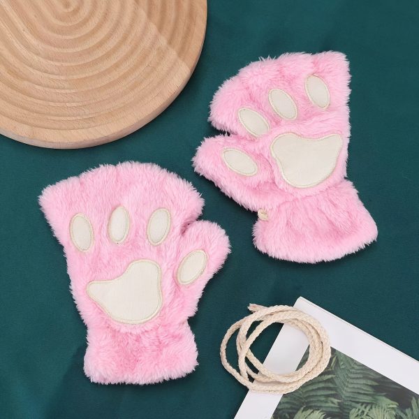 2 pairs of thickened autumn and winter cute bear paw plush men's half finger gloves, neck hanging warm gloves, male and female student cat paw gloves