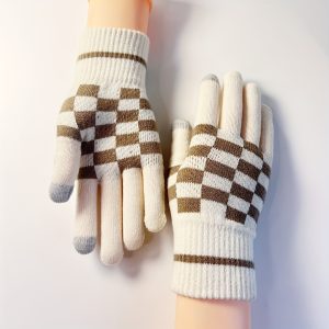 Elegant Acrylic Knit Full Finger Gloves - Soft Touchscreen Compatible Striped Gloves with Hand Wash or Dry Clean Care Instructions