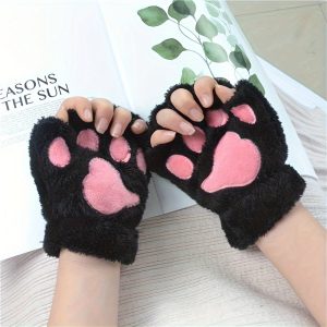 1pair Cute Cartoon Cat Paw Gloves - Warm Plush Half-Finger Gloves with Rope - Cold-Proof and Adorable!