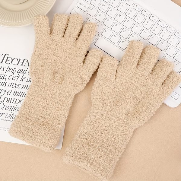 2pcs Coral Fleece Knit Gloves - Solid Color, Half-Finger Design for Autumn & Winter