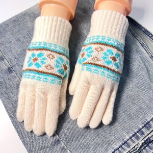 Cozy Knit Gloves: Men's Full-Fingered Winter Warmers in Soft Cream with Turquoise and Brown Patterns - Perfect for Cold Weather